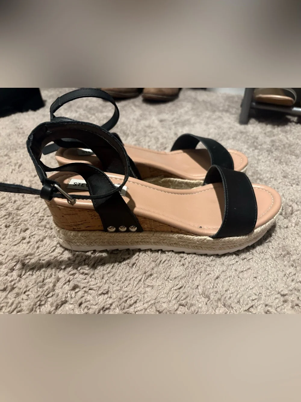 Steve Madden Black Ankle-Strap Espadrille Wedge Sandals